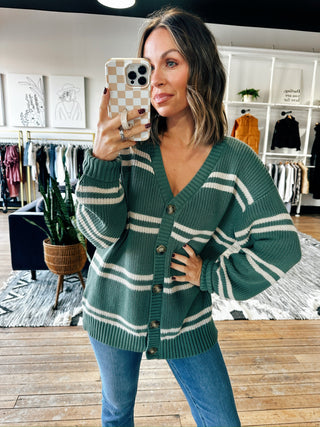 Z SUPPLY-Boyfriend Striped Cardigan-2 Colors-SweatersZ SUPPLY-Boyfriend Striped Cardigan | VerClare Boutique | Chenoa, IL-Women's Boyfriend Striped Cardigan | Sizes: S, M, L, XL | Color: White & Hunter | Free US shipping on all eligible orders. Located in Chenoa, Illinois-VerClare Boutique