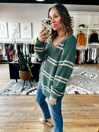 Z SUPPLY-Boyfriend Striped Cardigan-2 Colors-SweatersZ SUPPLY-Boyfriend Striped Cardigan | VerClare Boutique | Chenoa, IL-Women's Boyfriend Striped Cardigan | Sizes: S, M, L, XL | Color: White & Hunter | Free US shipping on all eligible orders. Located in Chenoa, Illinois-VerClare Boutique
