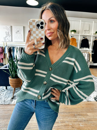 Z SUPPLY-Boyfriend Striped Cardigan-2 Colors-SweatersZ SUPPLY-Boyfriend Striped Cardigan | VerClare Boutique | Chenoa, IL-Women's Boyfriend Striped Cardigan | Sizes: S, M, L, XL | Color: White & Hunter | Free US shipping on all eligible orders. Located in Chenoa, Illinois-VerClare Boutique