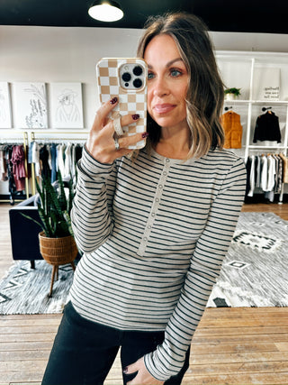 Z SUPPLY-Stella Stripe Henley-Heather Taupe-Tops Basic Print-VerClare Boutique