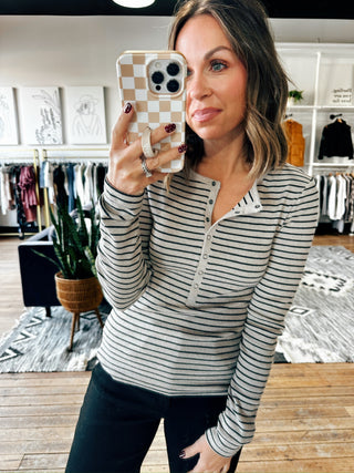Z SUPPLY-Stella Stripe Henley-Heather Taupe-Tops Basic Print-VerClare Boutique