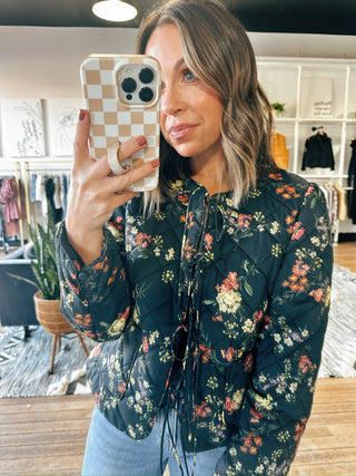 Women’s Black Quilted Floral Jacket-Jackets & Kimonos-VerClare Boutique