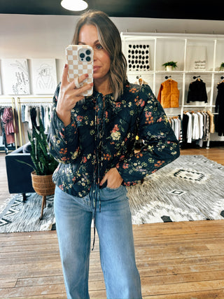 Women’s Black Quilted Floral Jacket-Jackets & Kimonos-VerClare Boutique