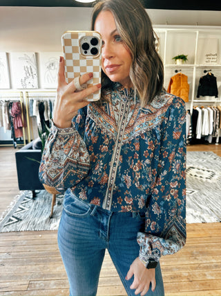 Border Print Button Down Blouse-Tops Casual-VerClare Boutique