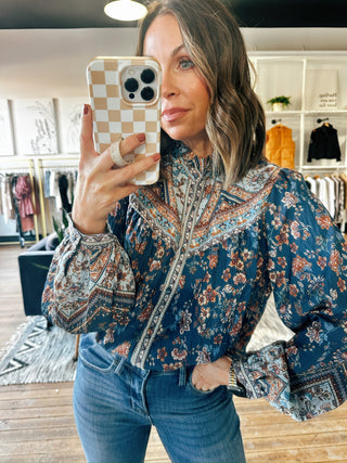 Border Print Button Down Blouse-Tops Casual-VerClare Boutique