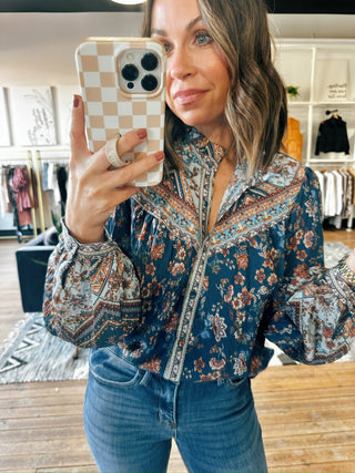 Border Print Button Down Blouse-Tops Casual-VerClare Boutique