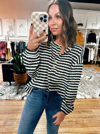 Coriel Striped Textured Henley Top - 2 Colors-Tops Basic Print-VerClare Boutique