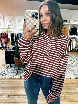 Coriel Striped Textured Henley Top - 2 Colors-Tops Basic Print-VerClare Boutique