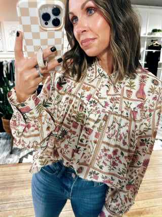 Avenya Floral Print Button Top-Tops Casual-VerClare Boutique