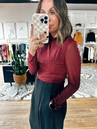 Aldora Sparkle Mesh Top - Burgundy & Green-Tops Casual-VerClare Boutique