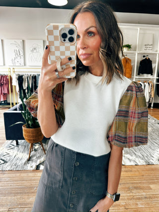 Kaera Plaid Puff Top - Cream-Tops Casual-VerClare Boutique