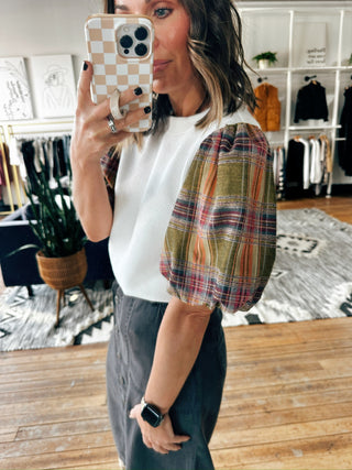 Kaera Plaid Puff Top - Cream-Tops Casual-VerClare Boutique