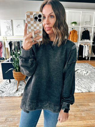 Mineral Washed Long Sleeve Knit Pullover – Black-Jackets & Kimonos-VerClare Boutique