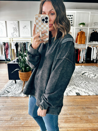 Mineral Washed Long Sleeve Knit Pullover – Black-Jackets & Kimonos-VerClare Boutique