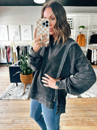 Mineral Washed Long Sleeve Knit Pullover – Black-Jackets & Kimonos-VerClare Boutique