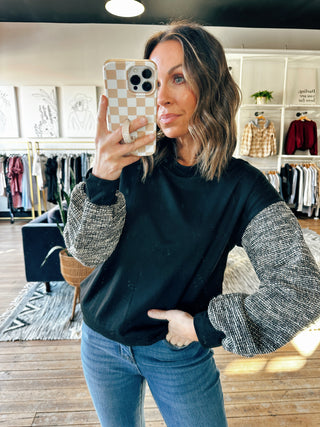 Bridget Contrast Sleeve Pullover-Black-Tops Casual-VerClare Boutique