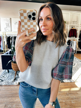 Kaera Plaid Puff Top - Grey-Tops Casual-VerClare Boutique