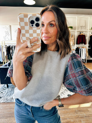 Kaera Plaid Puff Top - Grey-Tops Casual-VerClare Boutique