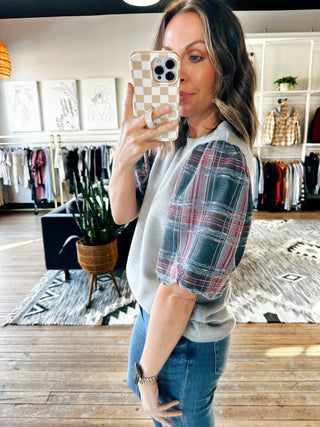 Kaera Plaid Puff Top - Grey-Tops Casual-VerClare Boutique