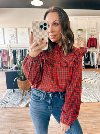 Galis Plaid Ruffle Blouse-Tops Casual-VerClare Boutique