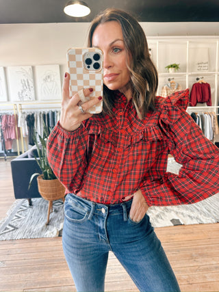 Galis Plaid Ruffle Blouse-Tops Casual-VerClare Boutique