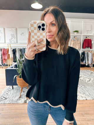 Emberly Scallop Edge Sweater-SweatersWomen's Sweater | VerClare Boutique-Emberly Scallop Edge Sweater: Sizes: S - L. Color: Black, Lt. Mocha. Fabric: 50% Viscose 25% Polyester 25% Nylon. Free Shipping on $100+ orders with VerClare. -VerClare Boutique