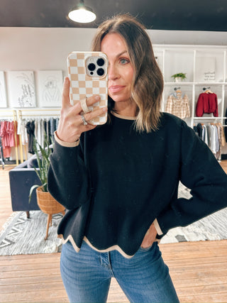 Emberly Scallop Edge Sweater-SweatersWomen's Sweater | VerClare Boutique-Emberly Scallop Edge Sweater: Sizes: S - L. Color: Black, Lt. Mocha. Fabric: 50% Viscose 25% Polyester 25% Nylon. Free Shipping on $100+ orders with VerClare. -VerClare Boutique