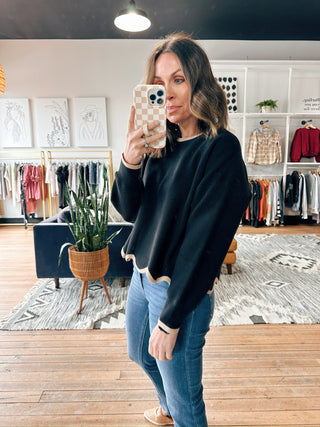 Emberly Scallop Edge Sweater-SweatersWomen's Sweater | VerClare Boutique-Emberly Scallop Edge Sweater: Sizes: S - L. Color: Black, Lt. Mocha. Fabric: 50% Viscose 25% Polyester 25% Nylon. Free Shipping on $100+ orders with VerClare. -VerClare Boutique