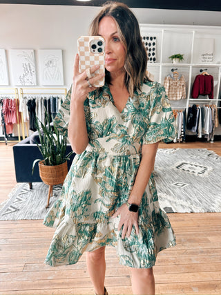 Jacquard V-Neck Dress-Dresses & RompersWomen's Dress | VerClare Boutique-Jacquard V-Neck Dress: Sizes: S - L. Color: Green/Gold. Fabric: 100% Polyester. Free Shipping on $100+ orders with VerClare Boutique in Chenoa, IL. -VerClare Boutique