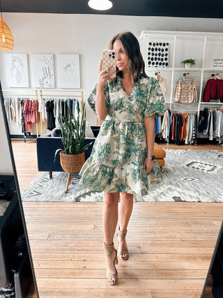 Jacquard V-Neck Dress-Dresses & RompersWomen's Dress | VerClare Boutique-Jacquard V-Neck Dress: Sizes: S - L. Color: Green/Gold. Fabric: 100% Polyester. Free Shipping on $100+ orders with VerClare Boutique in Chenoa, IL. -VerClare Boutique