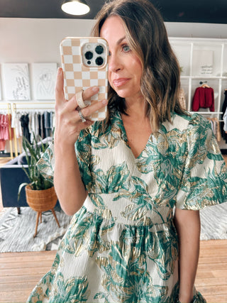 Jacquard V-Neck Dress-Dresses & RompersWomen's Dress | VerClare Boutique-Jacquard V-Neck Dress: Sizes: S - L. Color: Green/Gold. Fabric: 100% Polyester. Free Shipping on $100+ orders with VerClare Boutique in Chenoa, IL. -VerClare Boutique
