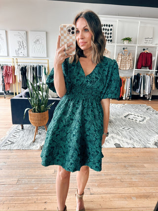 Vayla Floral Jacquard Dress-Dresses & RompersWomen's Dress | VerClare Boutique-Vayla Floral Jacquard Dress: Sizes: S - L. Color: Sea Green. Fabric: 100% Polyester. Free Shipping on $100+ orders with VerClare Boutique in Chenoa, IL. -VerClare Boutique