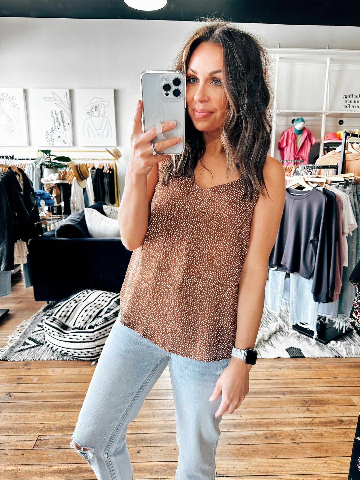 Caramel View. Dotted V-Neck Woven Top-2 Colors-Tops basic print-VerClare Boutique