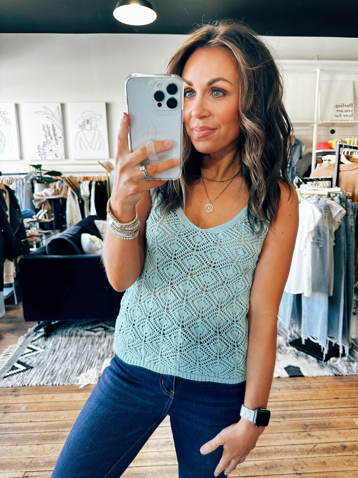 Dusty Mint Front View. Eyelet Knit Tank Top-2 Colors-Tops basic print-VerClare Boutique