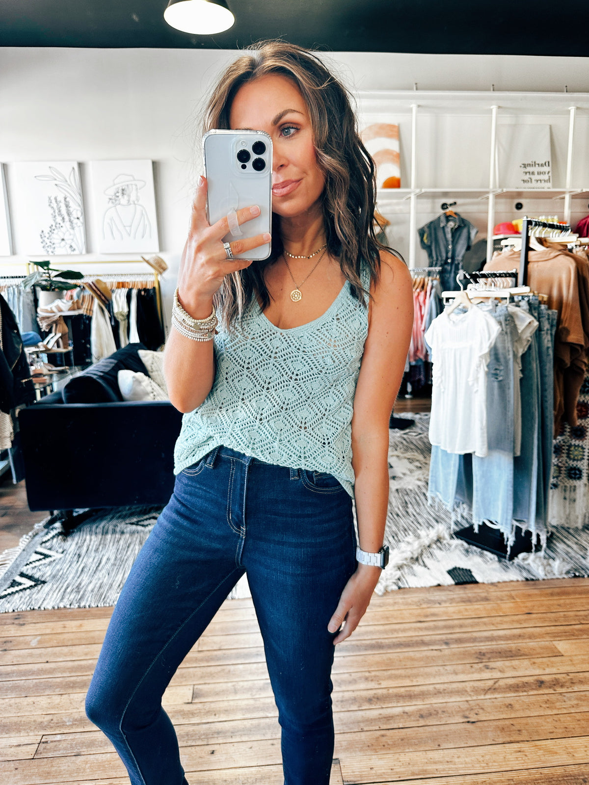 Dusty Mint Front View. Eyelet Knit Tank Top-2 Colors-Tops basic print-VerClare Boutique