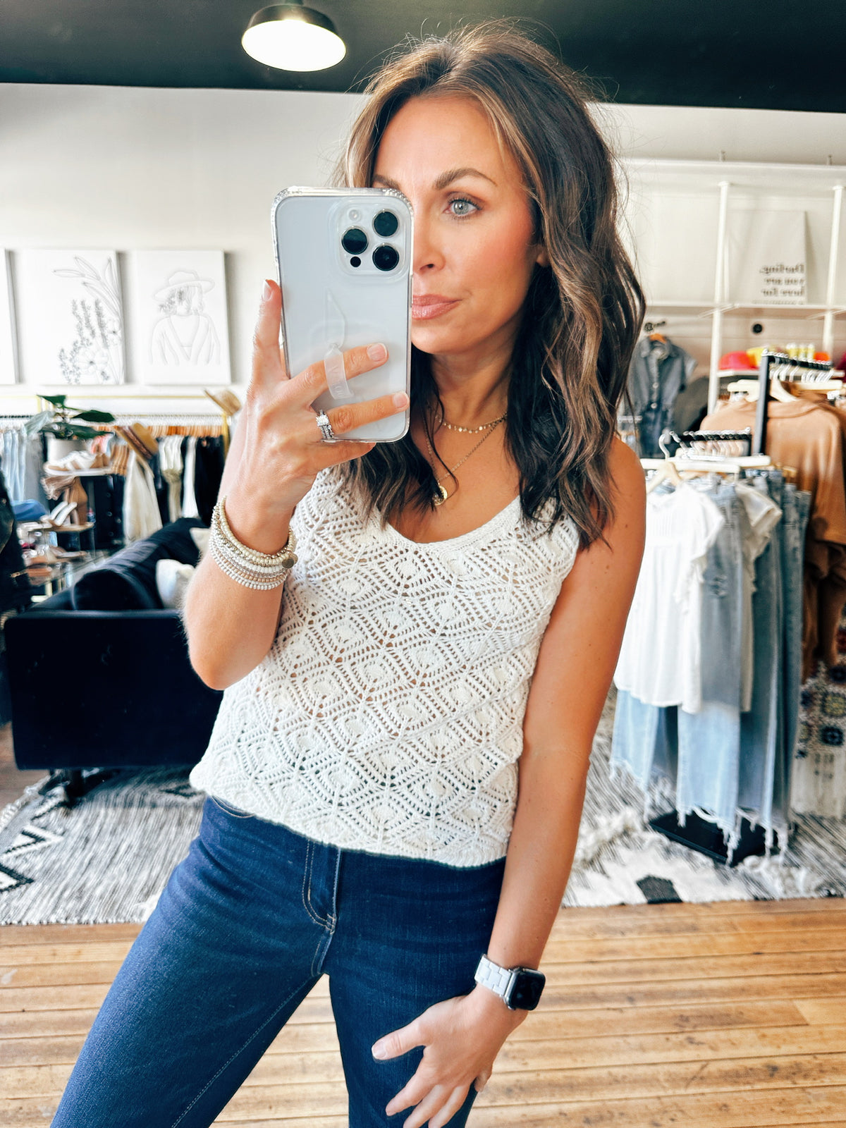Ivory Front View. Eyelet Knit Tank Top-2 Colors-Tops basic print-VerClare Boutique