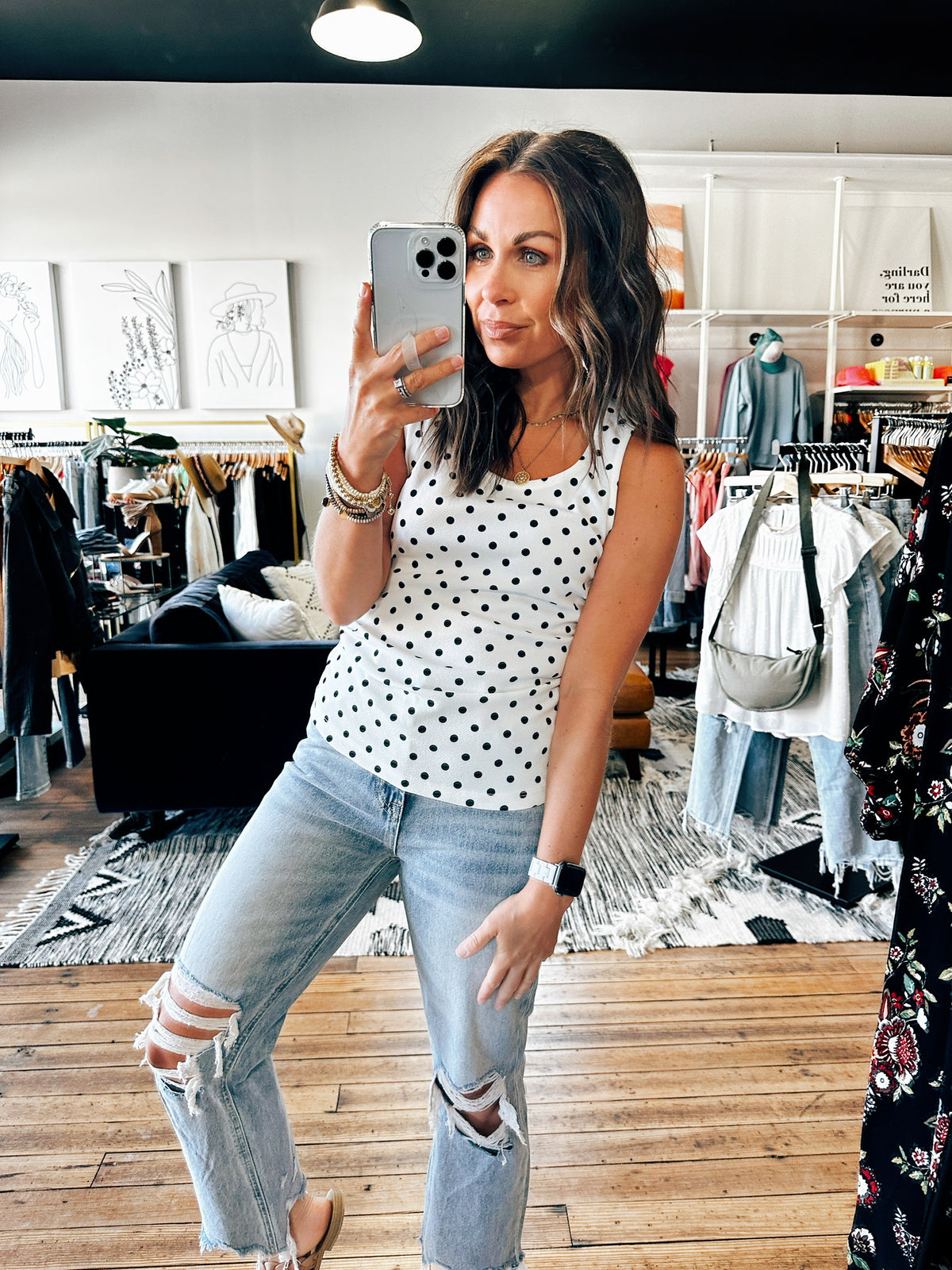 Front View. Ivory Polka Dot Top-Tops basic print-VerClare Boutique