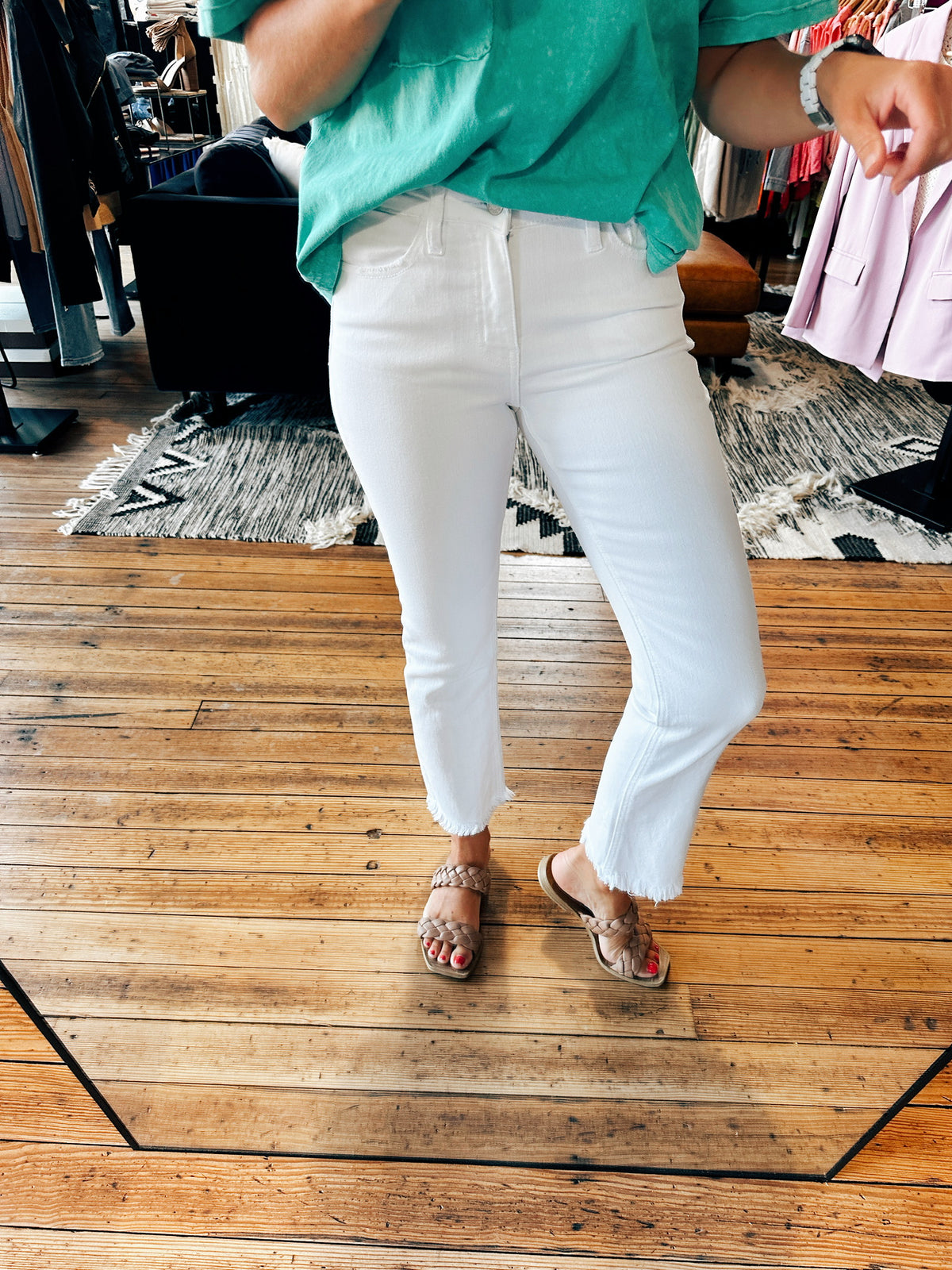 Front View. Optic White Melissa Mid Rise Jeans-bottoms-VerClare Boutique