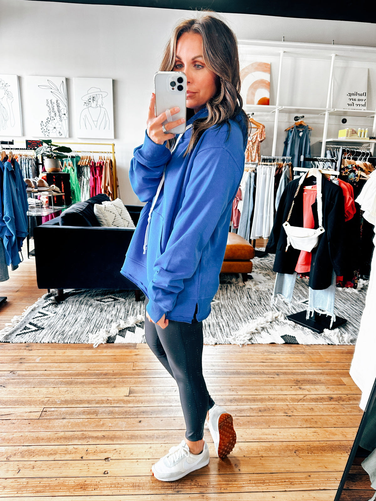 Side View. Clara Cobalt Hooded Sweatshirt-Jackets & Kimonos-VerClare Boutique