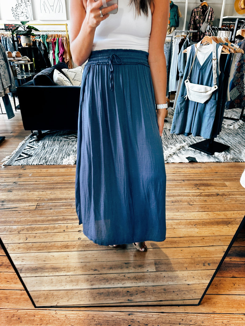 Front View. Blue Hammered Satin Maxi Skirt-bottoms-VerClare Boutique