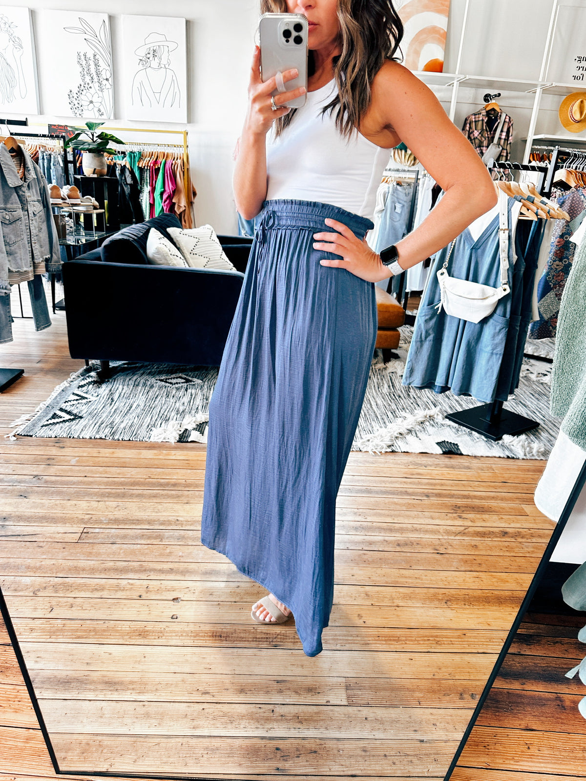 Side View. Blue Hammered Satin Maxi Skirt-bottoms-VerClare Boutique
