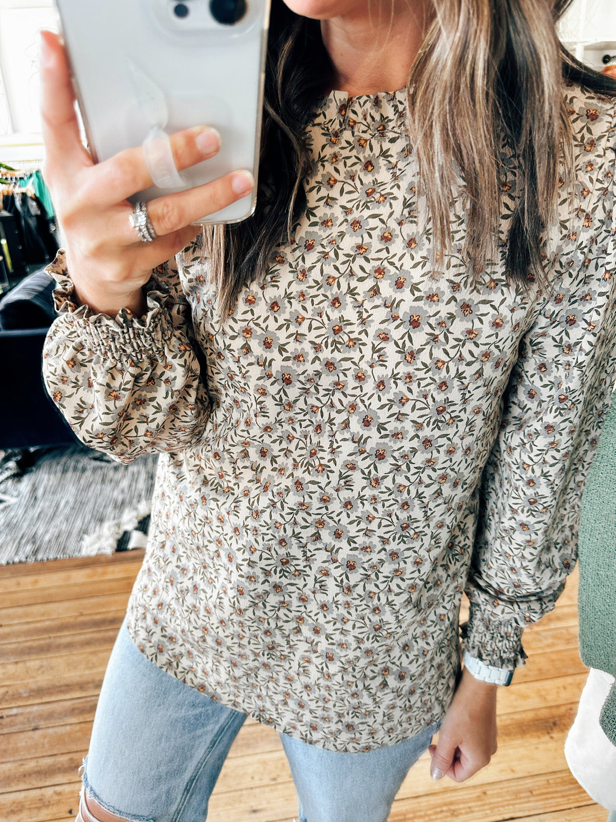 Natural Front View. Patty Printed Long Sleeve Blouse-2 Colors-Tops casual-VerClare Boutique