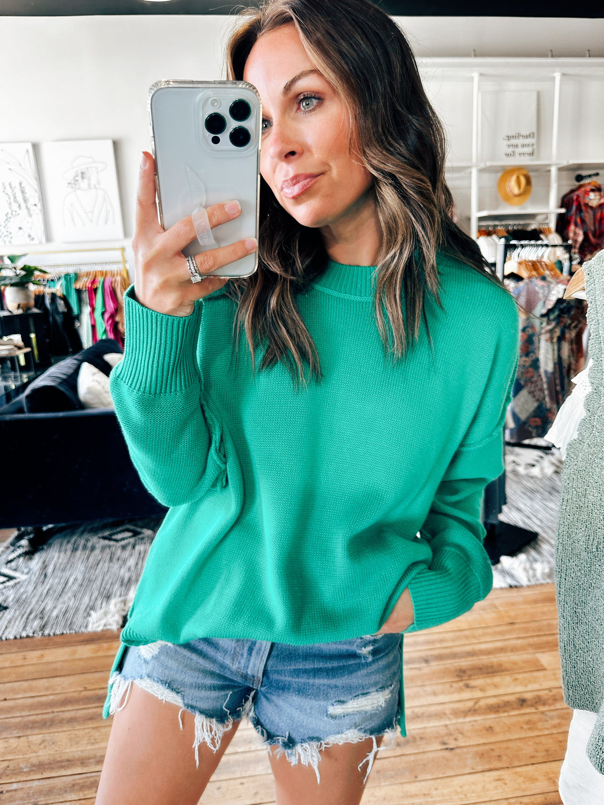 Debbie Stitch Detail Green Sweater-sweater-VerClare Boutique