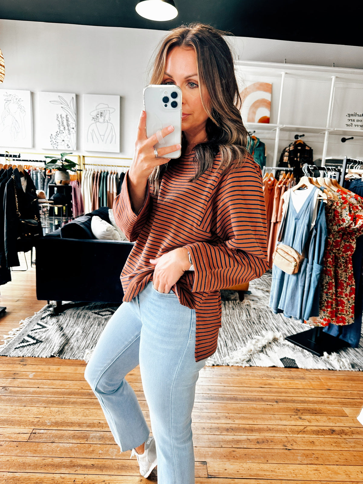 Chocolate Side View. Laura Striped Long Sleeve Tee-3 Colors-Tops basic print-VerClare Boutique