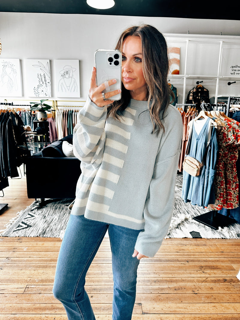 Front View. Side Slit Striped Oatmeal Sweater-sweater-VerClare Boutique