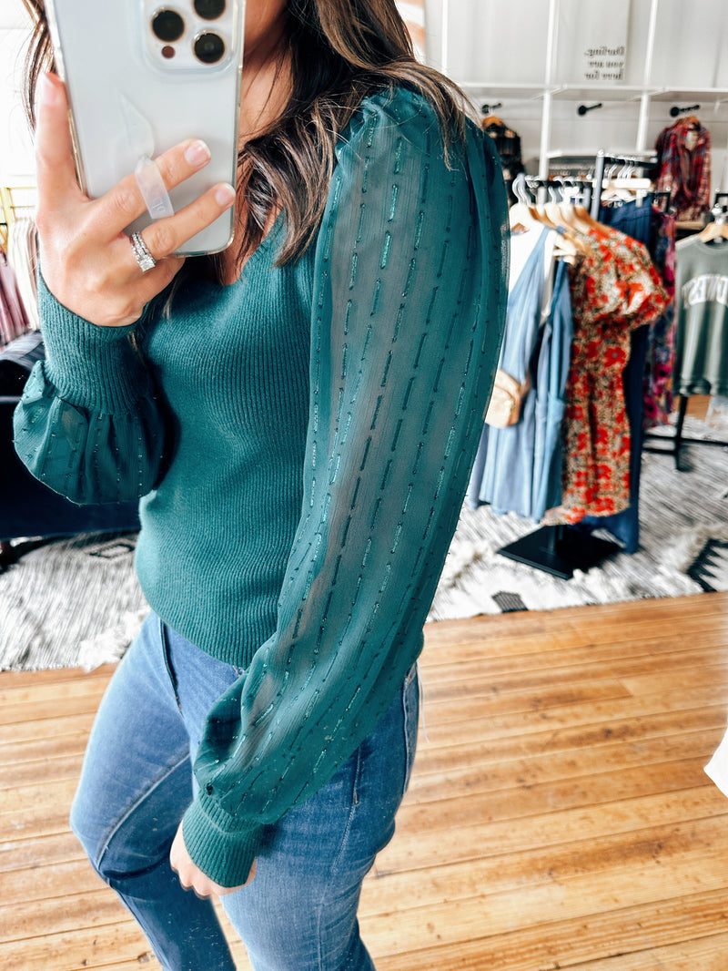 Gemstone Green Ruffle Sleeve Sweater-sweater-VerClare Boutique