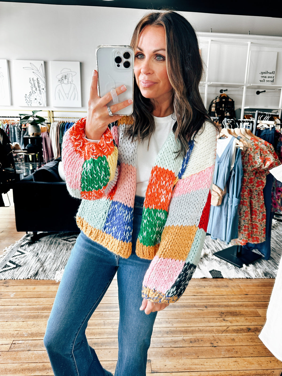Front View. Mindy Rainbow Loose Knit Cardigan-sweater-VerClare Boutique