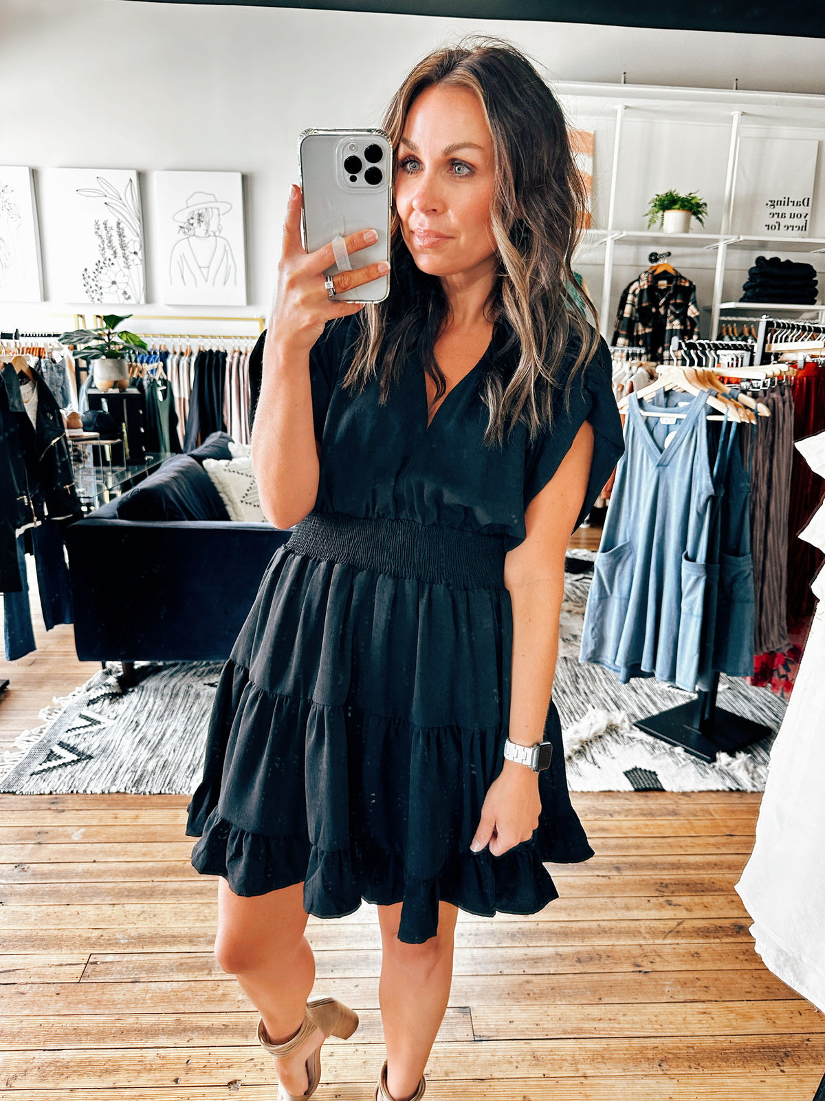 Front View. Randi Black Ruffled Dress-Dresses & Rompers-VerClare Boutique