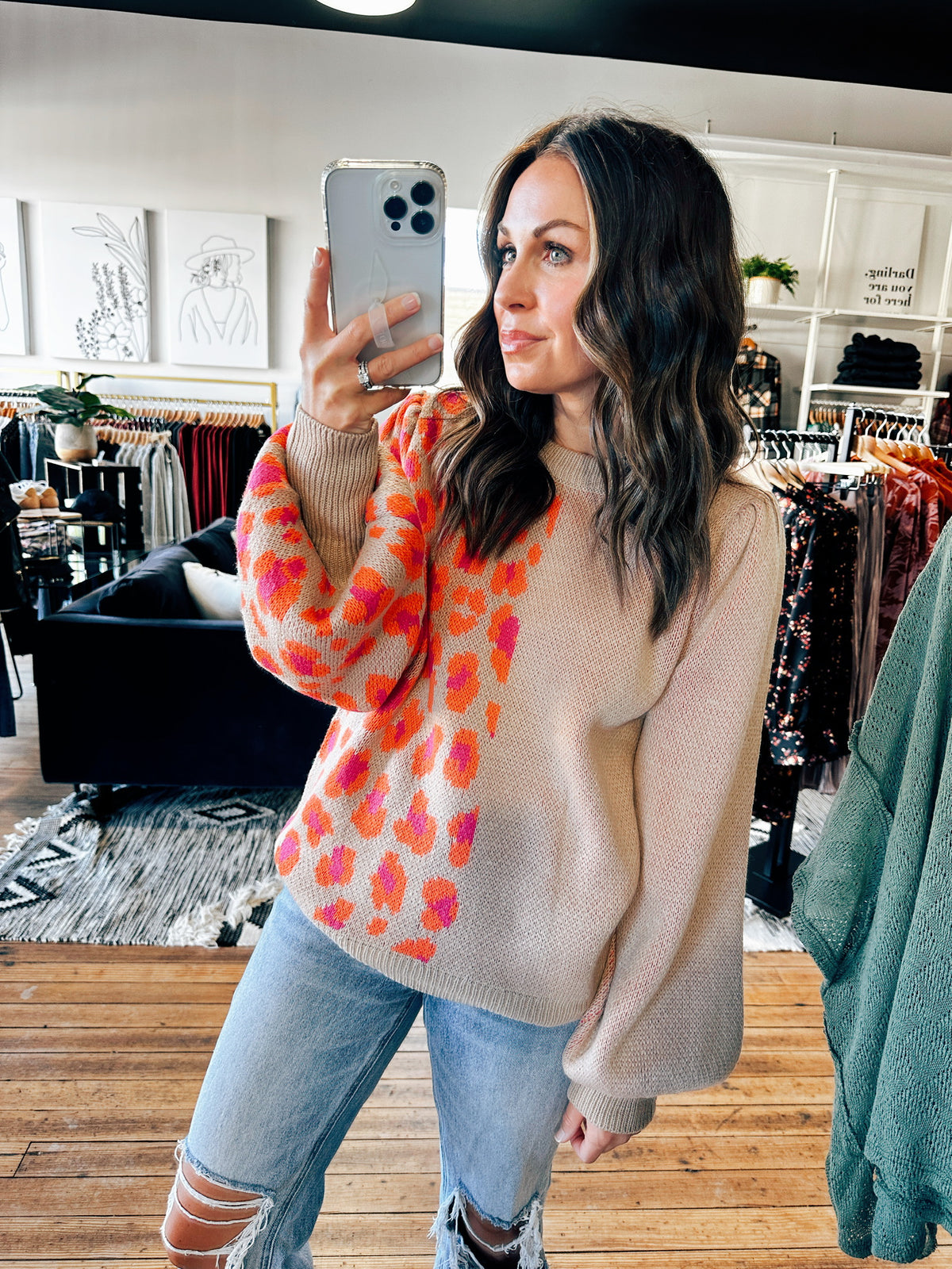 Front View. Puff Shoulder Orange/Taupe Sweater-sweater-VerClare Boutique