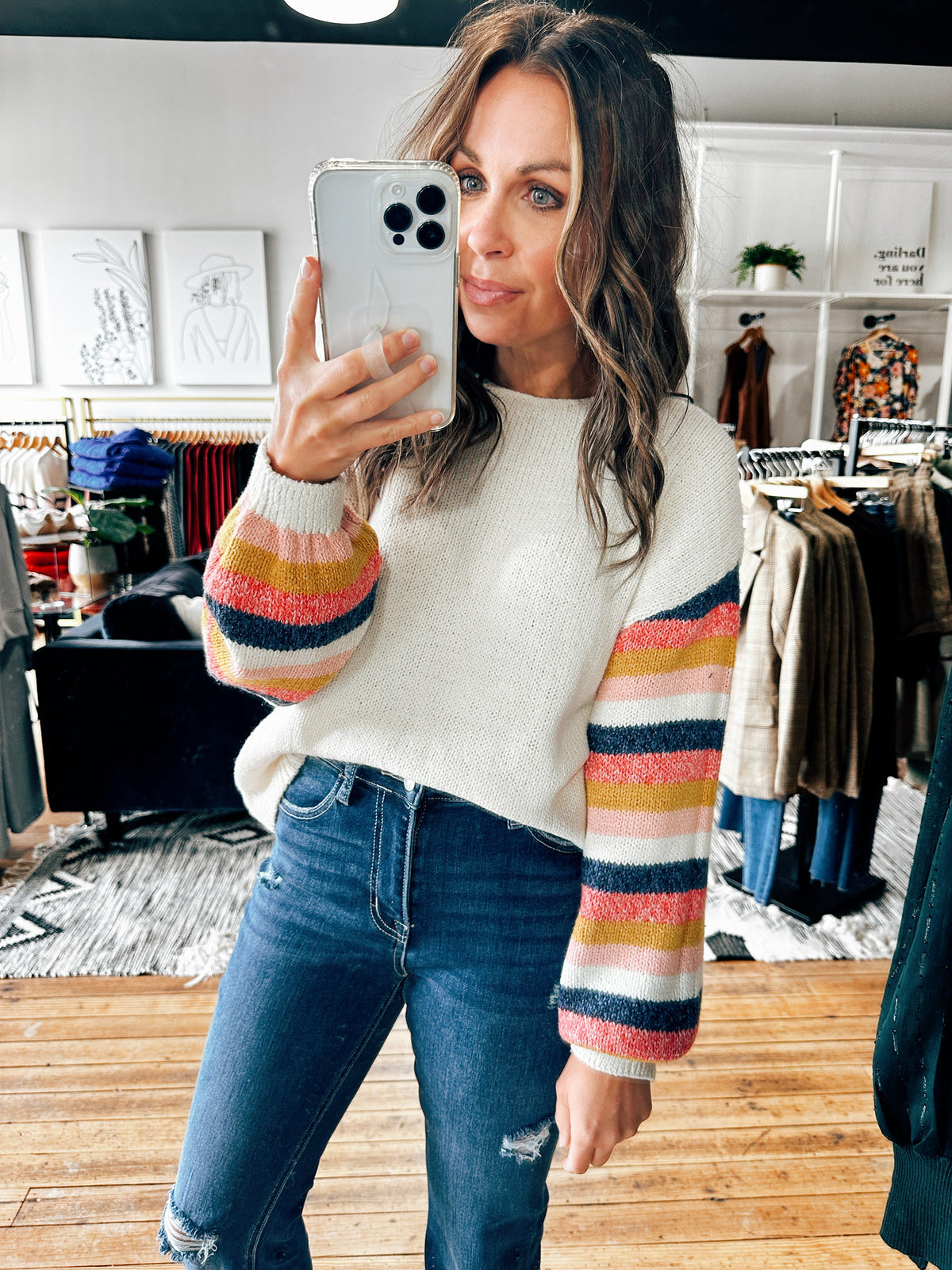 Ivory Mix Striped Detail Sweater-sweater-VerClare Boutique